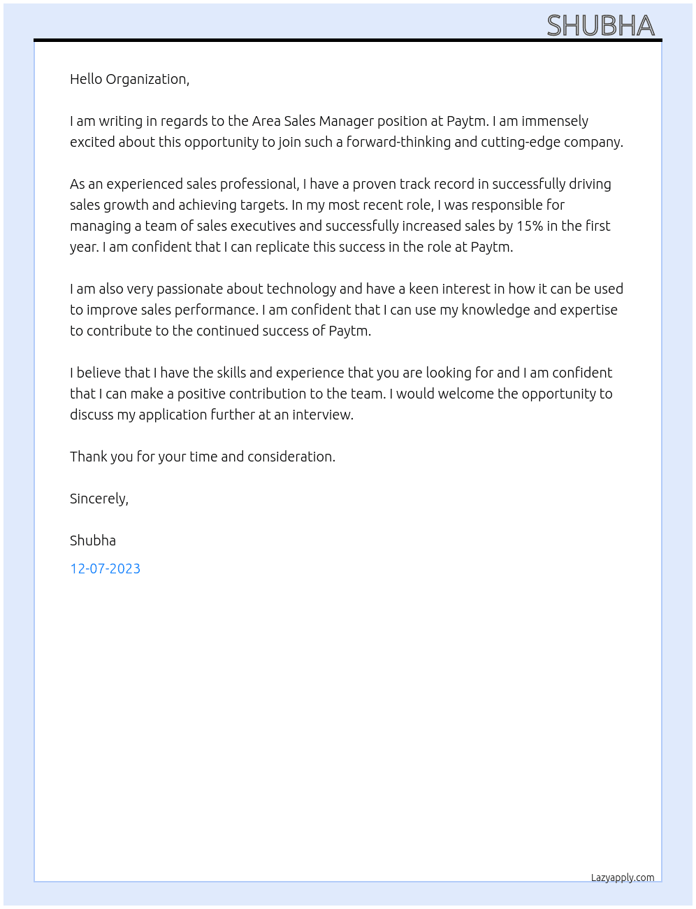 Area sales manager  At Paytm  Cover Letter