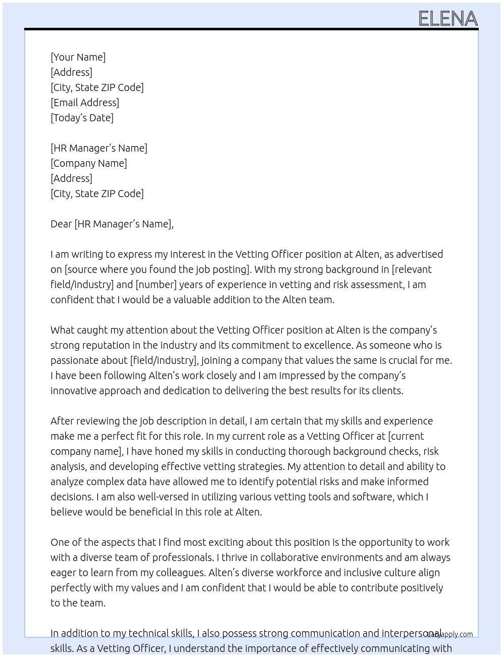 vetting officer  At alten Cover Letter