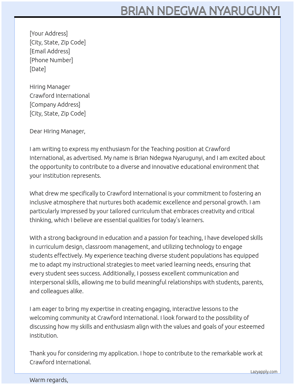 Teaching At Crawford international  Cover Letter