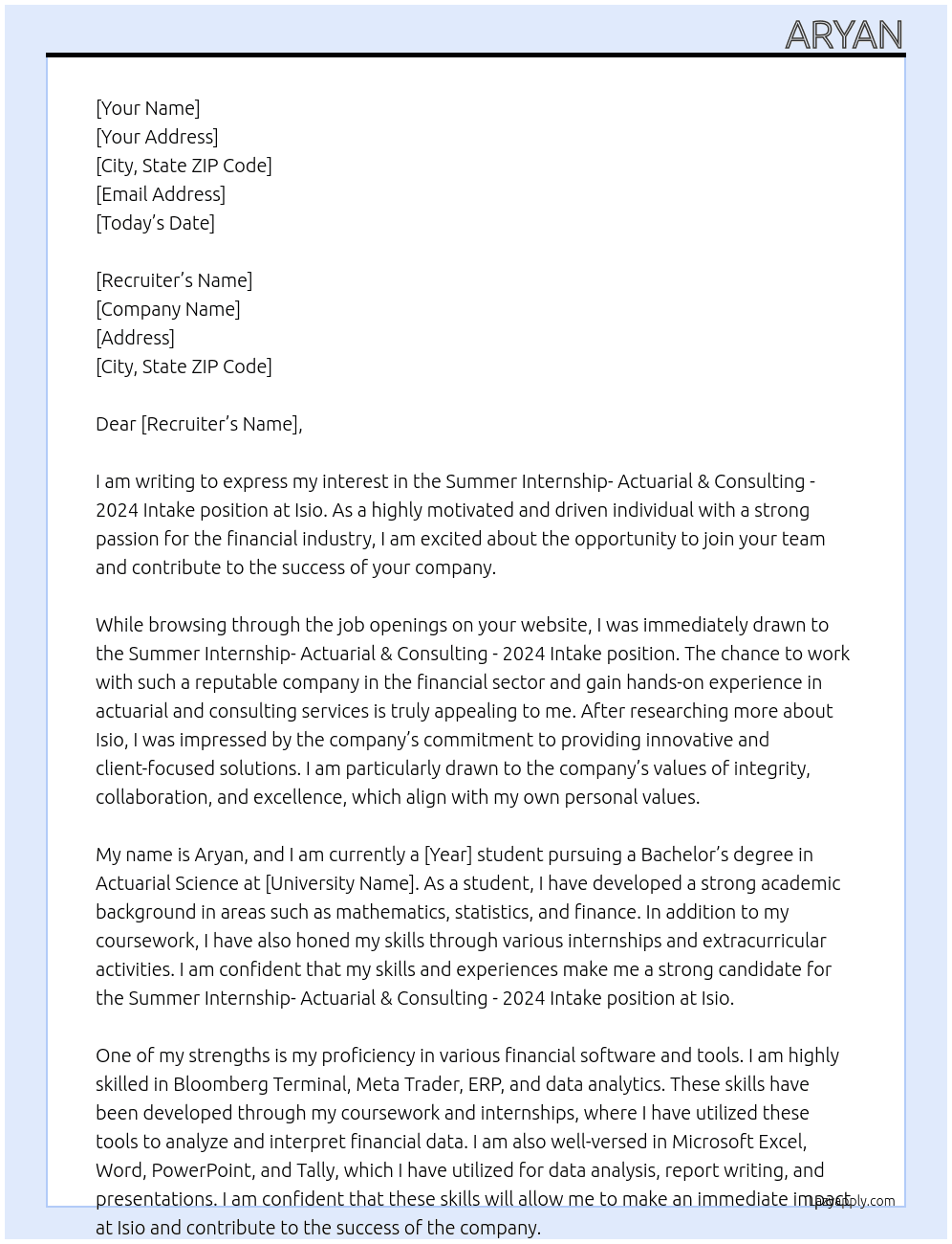Summer Internship- Actuarial & Consulting - 2024 Intake At Isio Cover Letter
