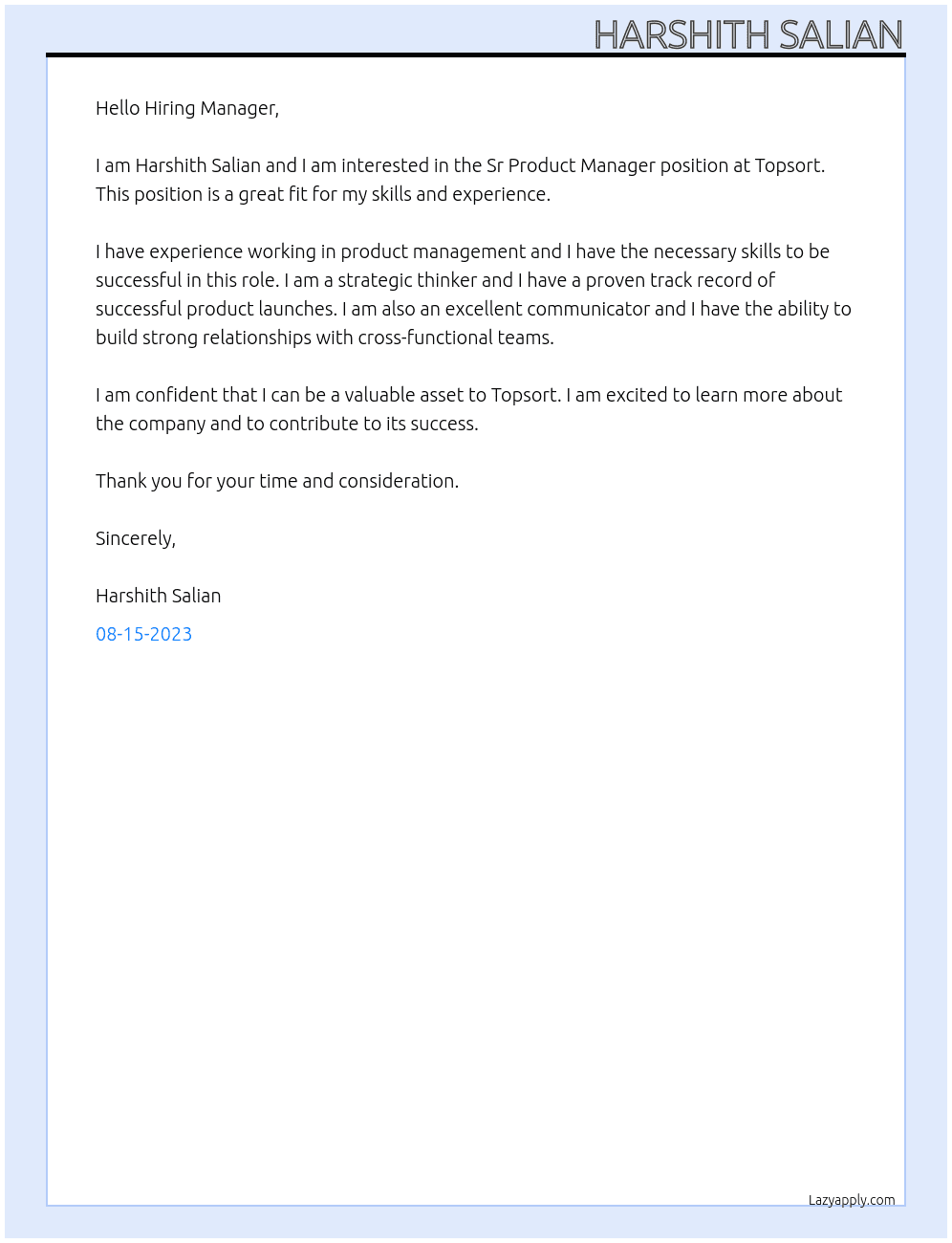 Ssr Product Manager At Topsort Cover Letter