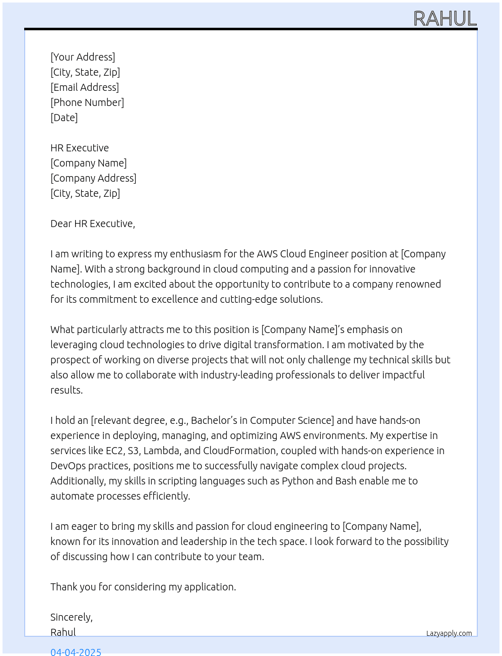 Cover letter for aws cloud engineer - LazyApply