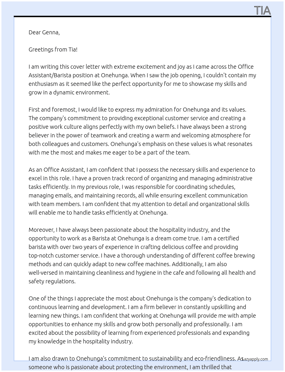 Office Assistant / Barista At Onehunga Cover Letter