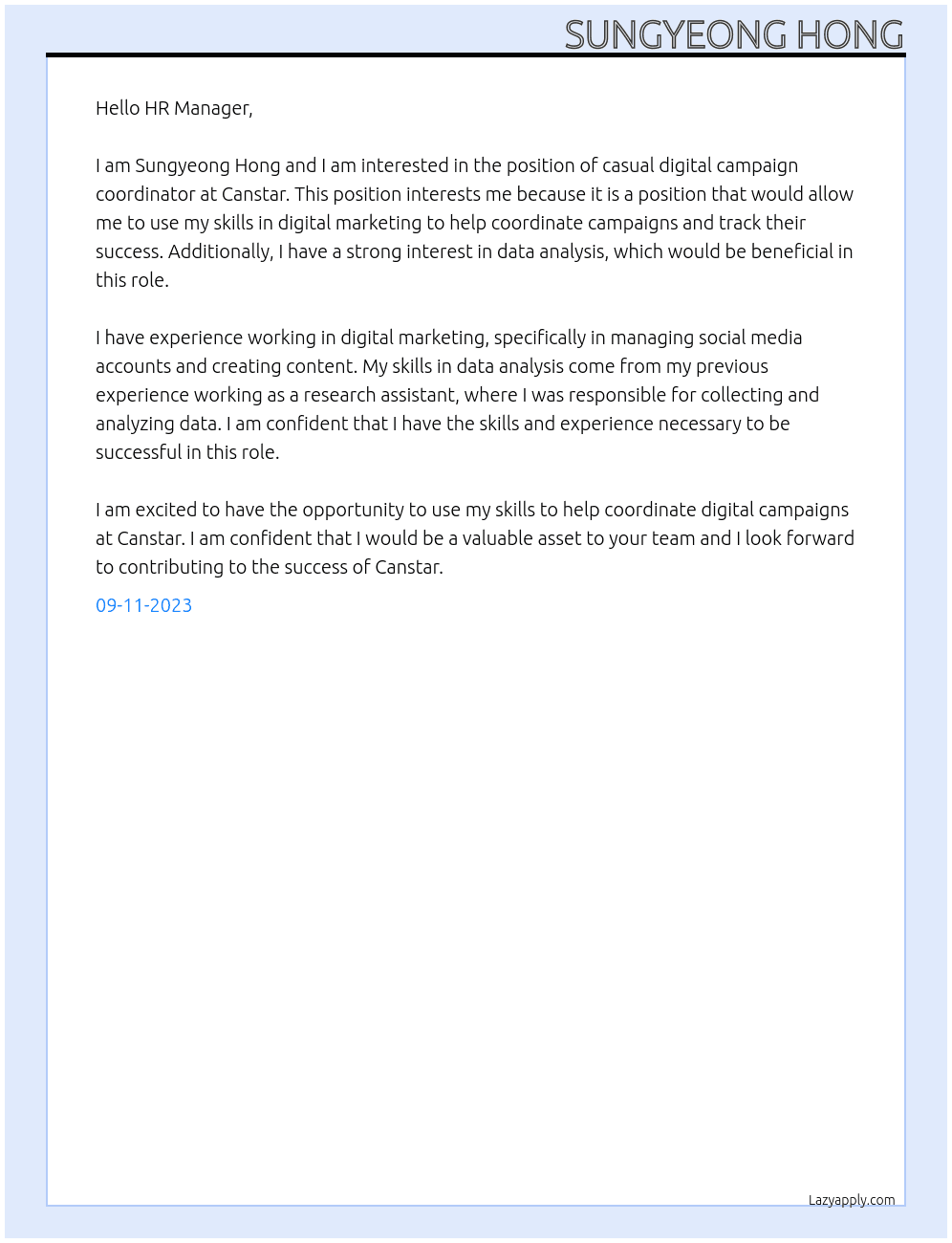 casual digital campaign coordinator At Canstar Cover Letter