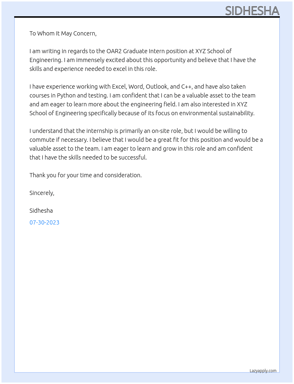 OAR2 Graduate Intern  At XYZ School of Engineering Cover Letter