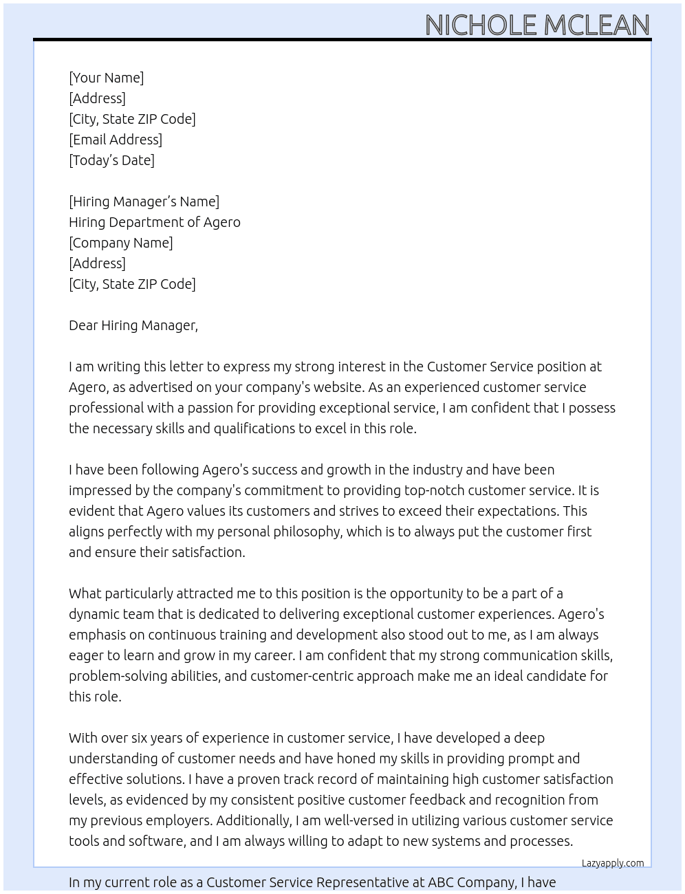 Customer service At Agero Cover Letter