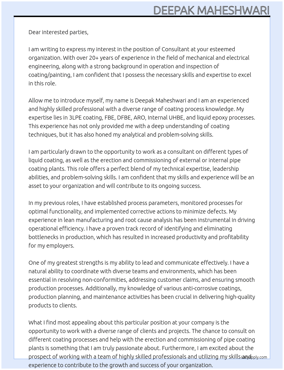 Contestant  At As consultant Cover Letter
