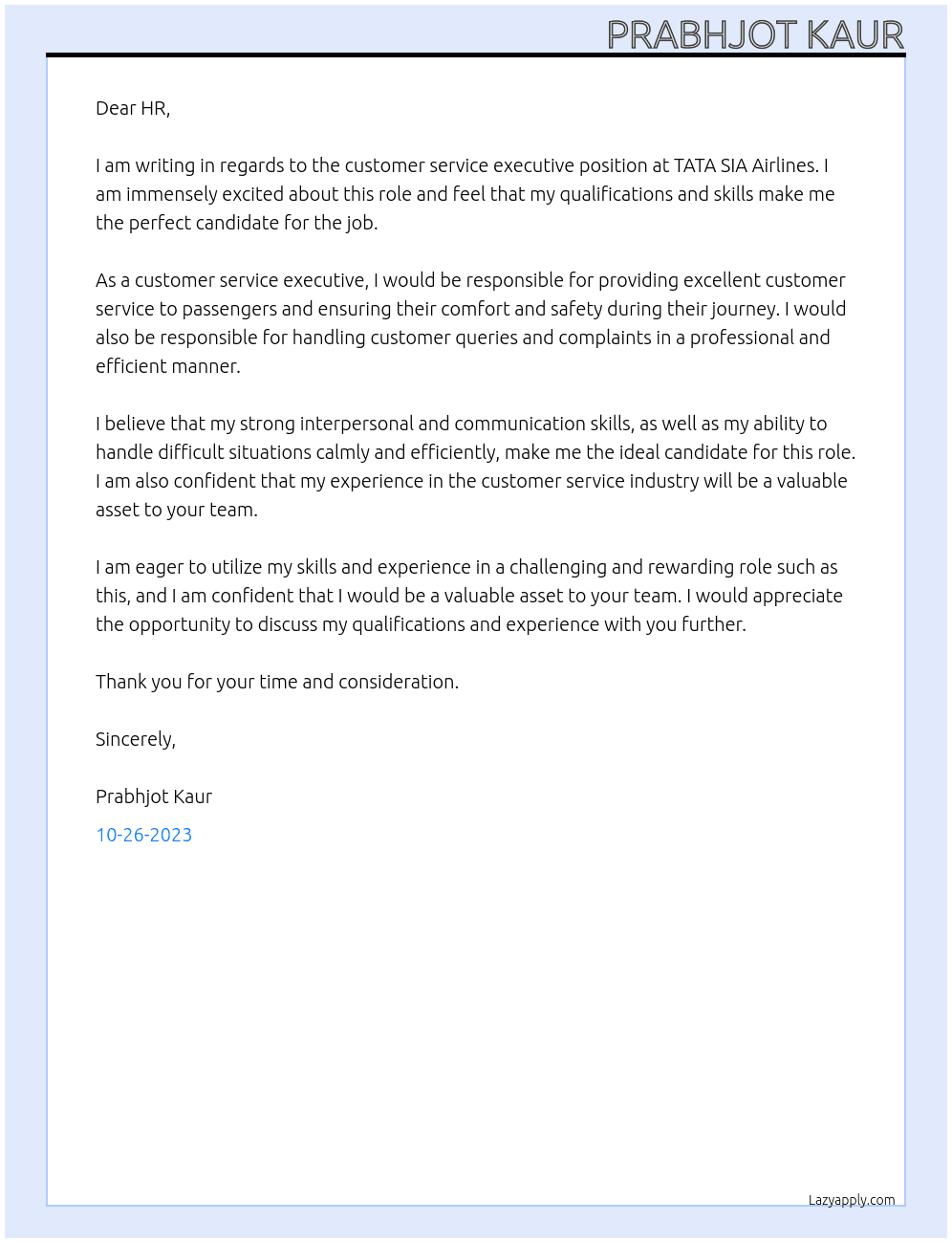 customer service executive At TATA SIA Airlines Cover Letter