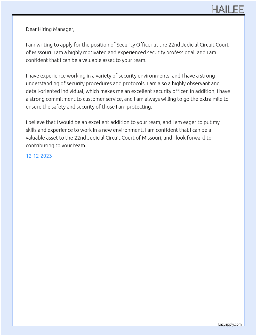 Security Officer  At 22nd Judicial Circuit Court of Missouri Cover Letter