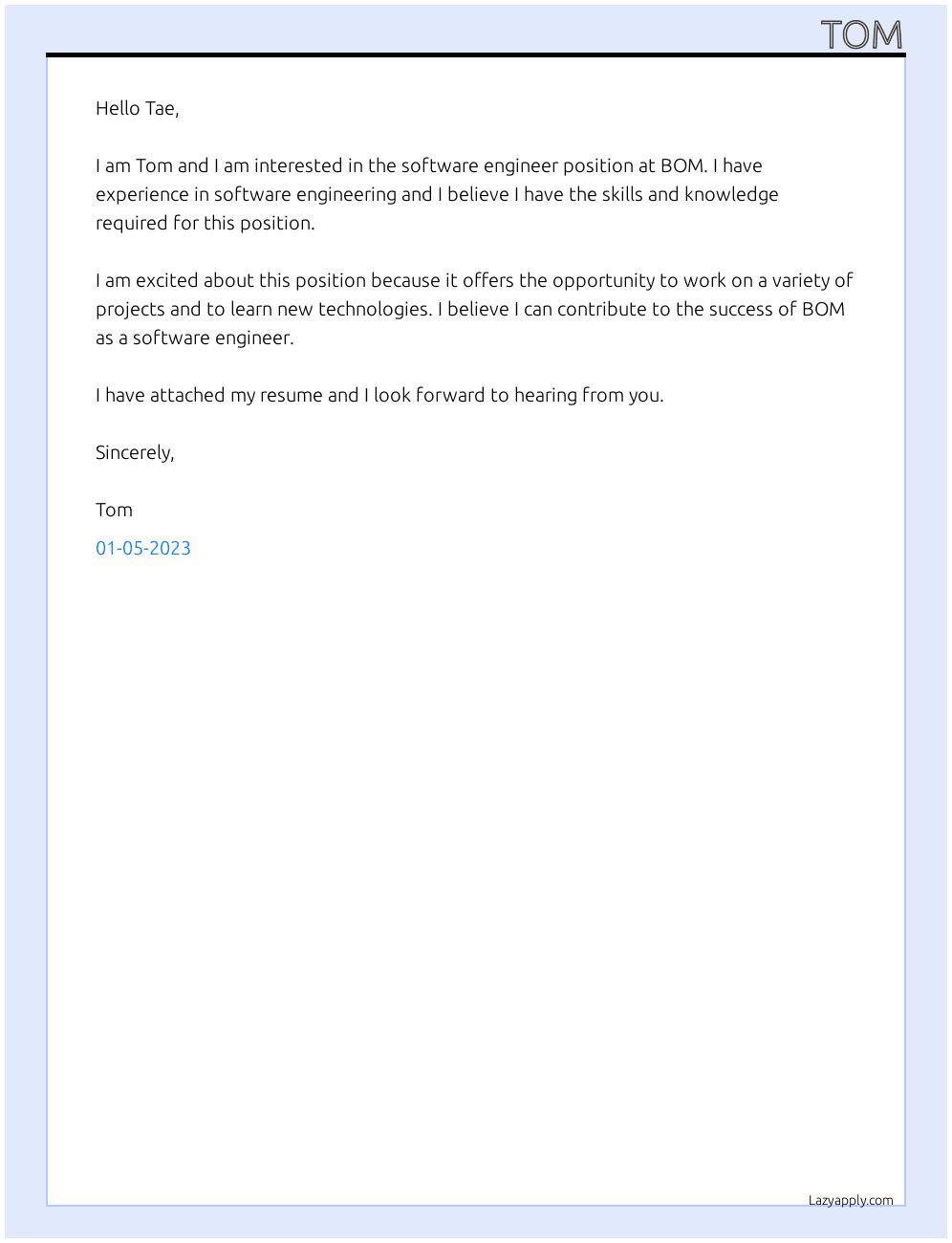 sodtware enginbeer At bom Cover Letter