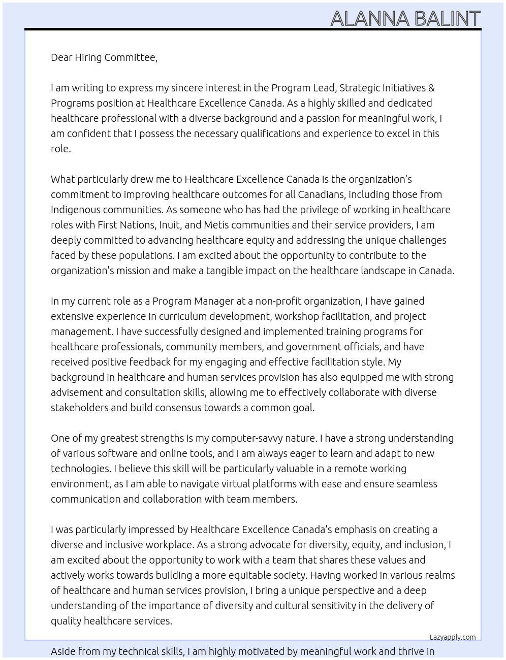 Program Lead, Strategic Initiatives & Programs At Healthcare Excellence Canada Cover Letter