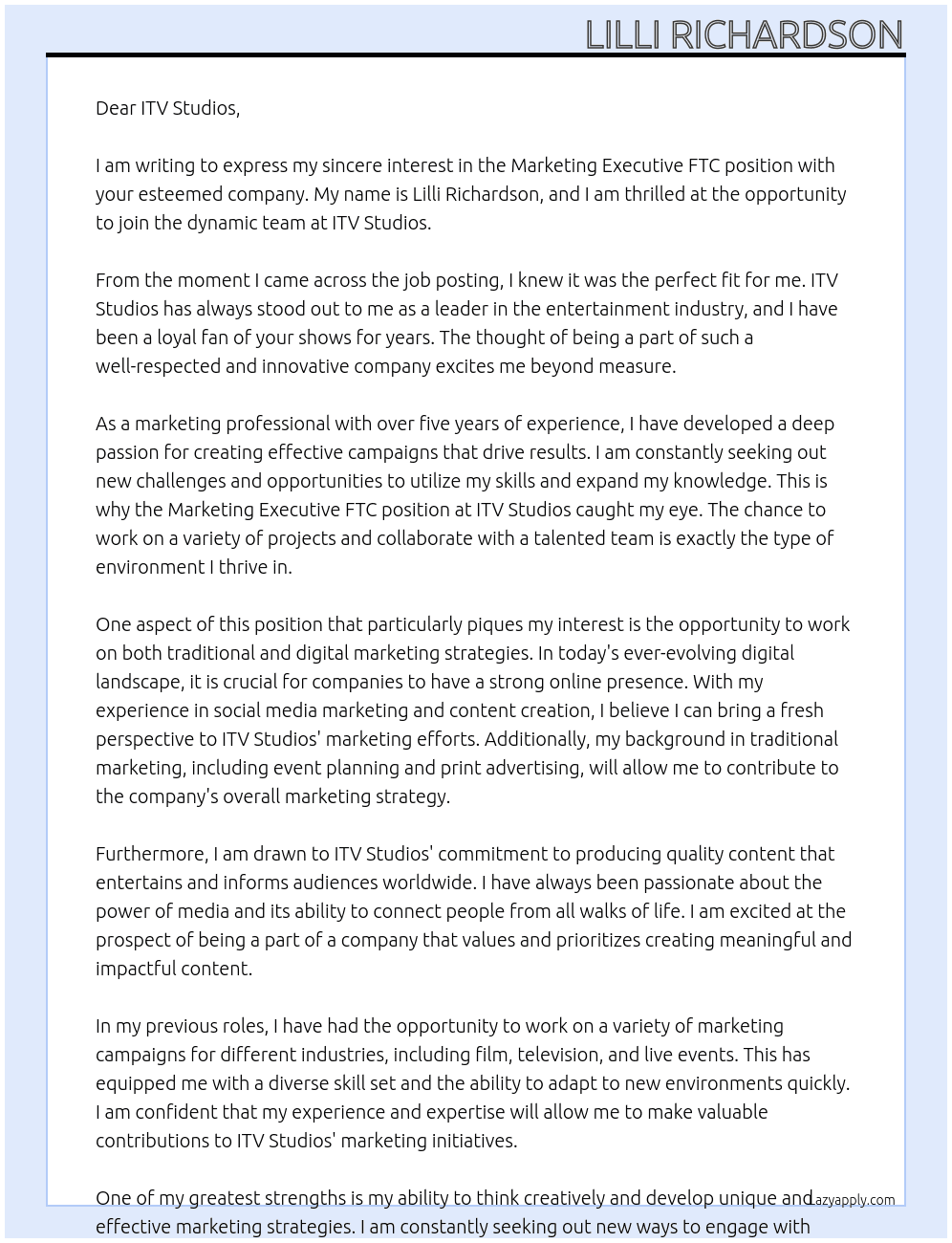 Marketing Executive FTC At ITV Studios Cover Letter