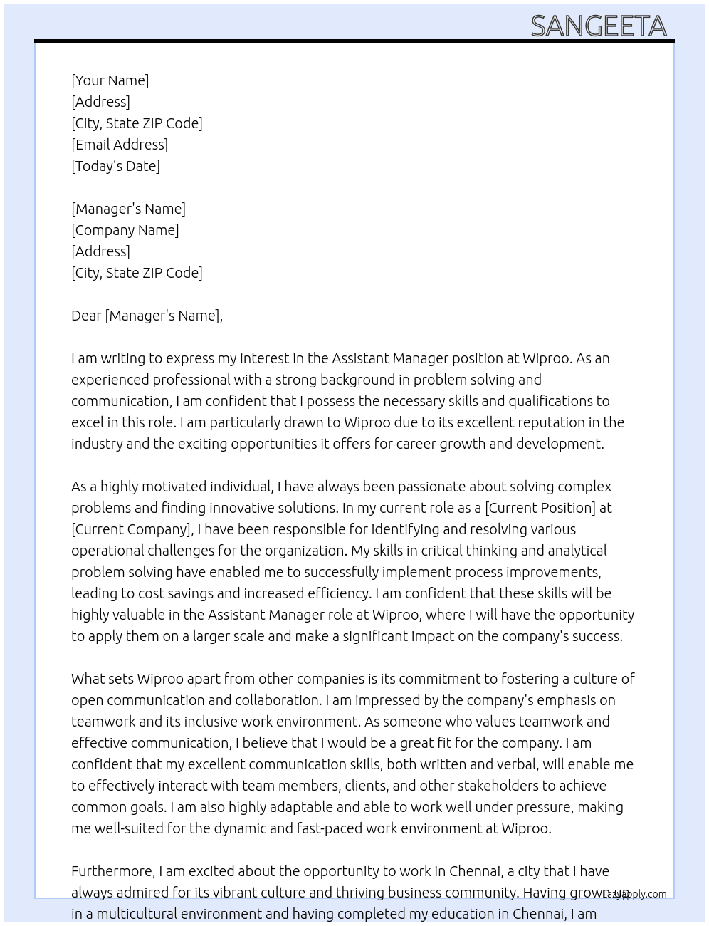  assistant manager  At Wiproo  Cover Letter