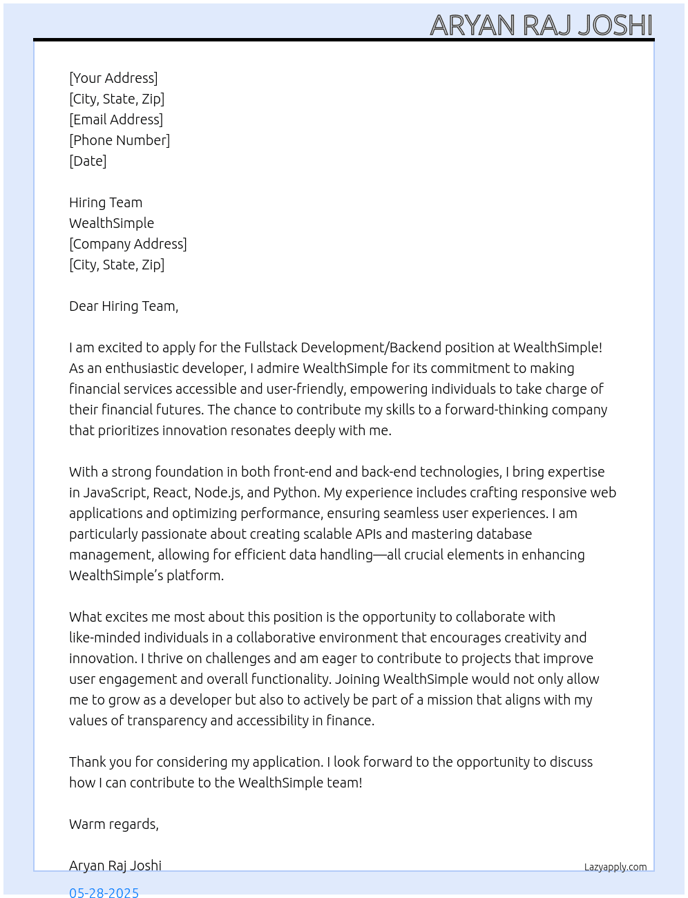 Fullstack development/backend At Wealth Simple Cover Letter