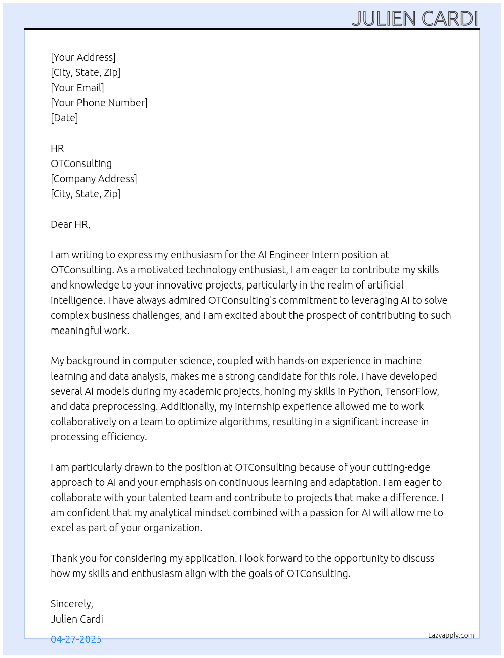 ai engineer intern At OTConsulting Cover Letter