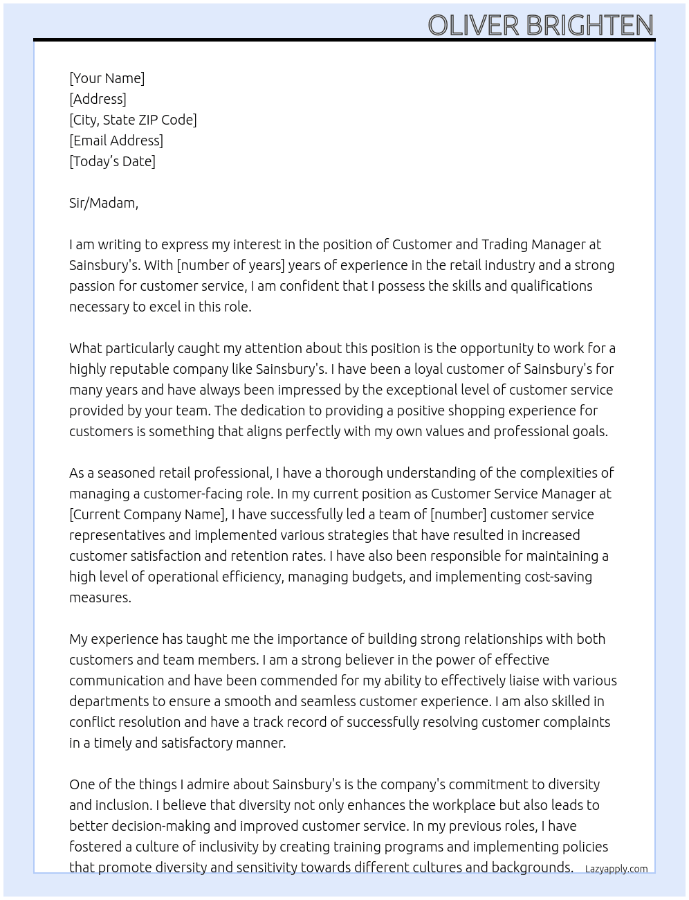 Customer and Trading Manager At Sainsburys Cover Letter