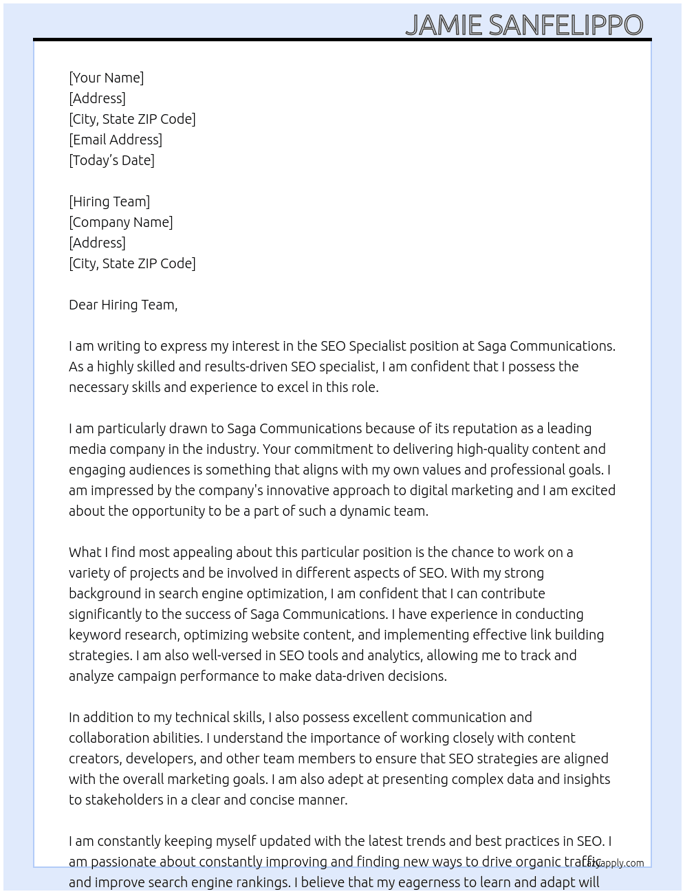 SEO Specialist At Saga Communications Cover Letter