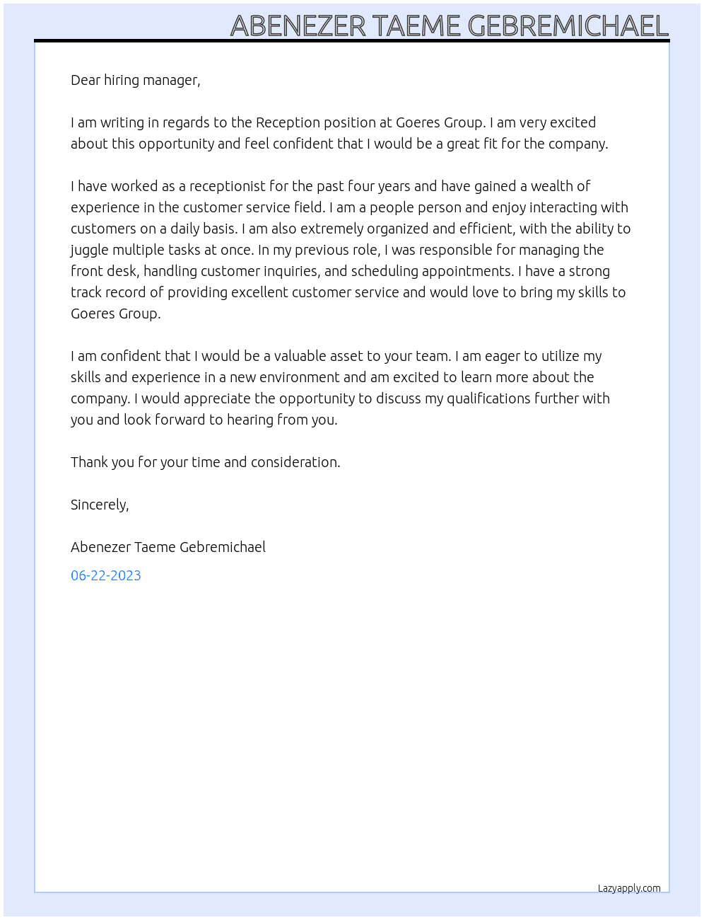 Reception  At Goeres Group Cover Letter