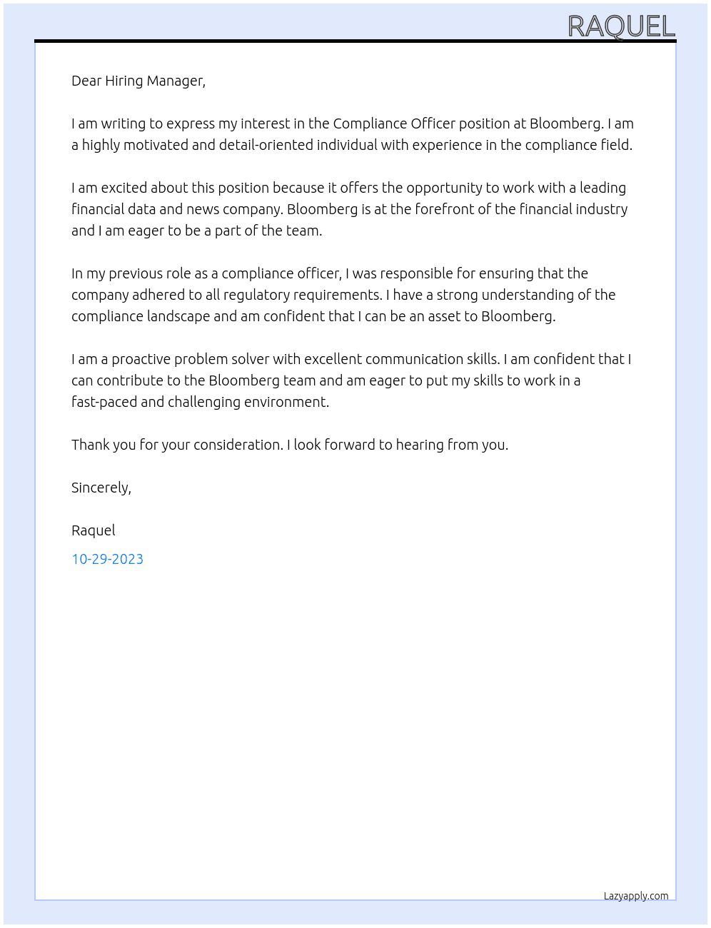 Compliance Officer  At Bloomberg Cover Letter