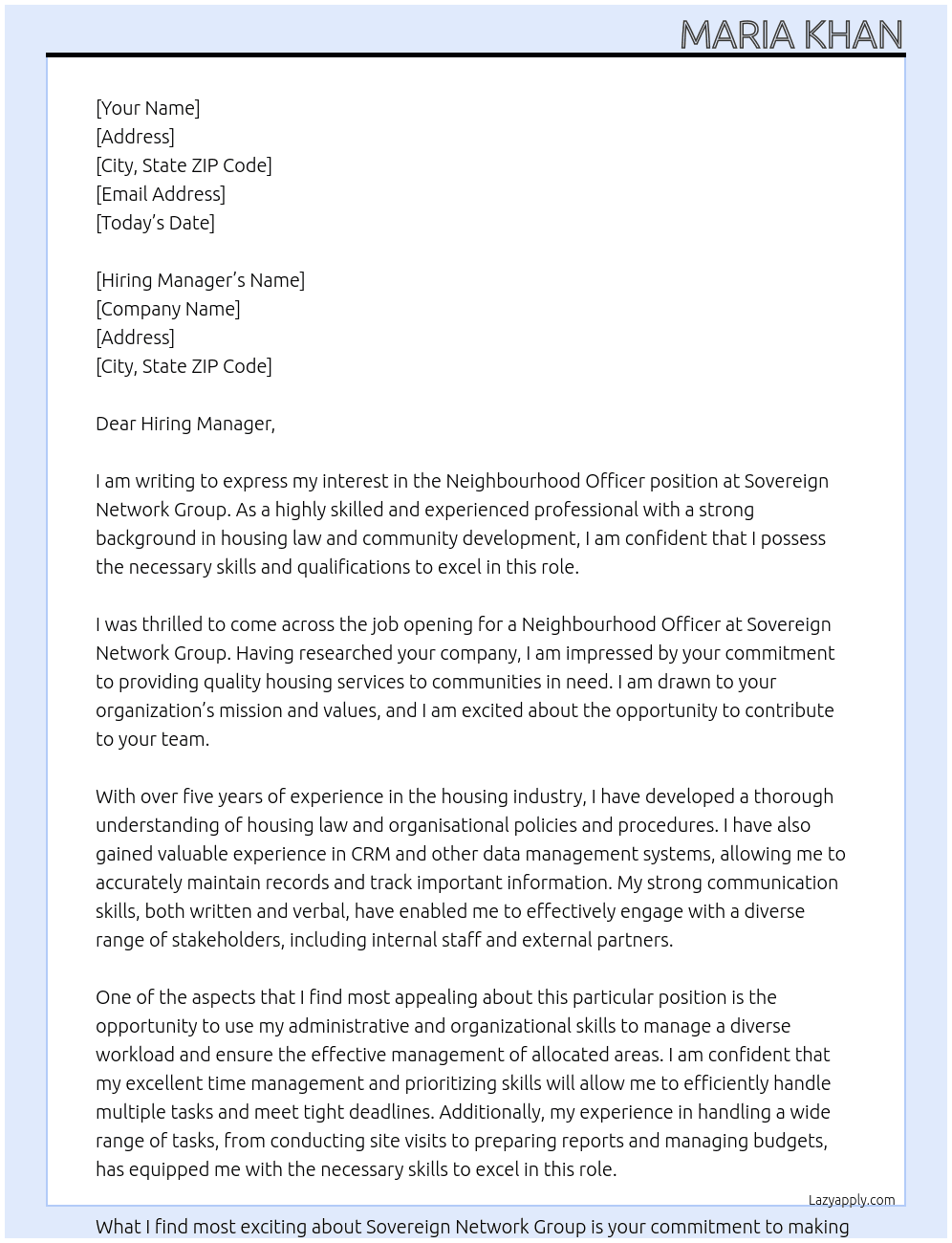 Neighbourhood Officer At Sovereign Network Group Cover Letter