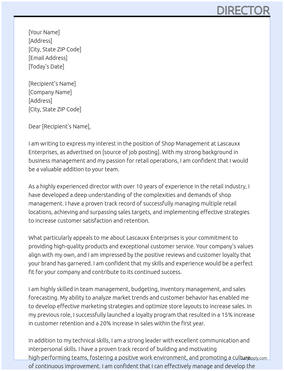 SHOP MANAGEMENT At LASCAUXX ENTERPRISES Cover Letter