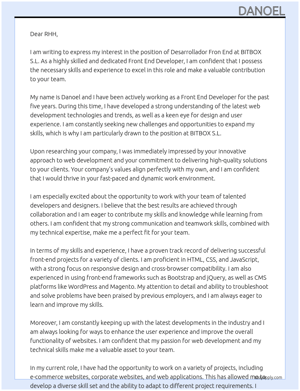 desarrollador fron end At BITBOX S.L. Cover Letter