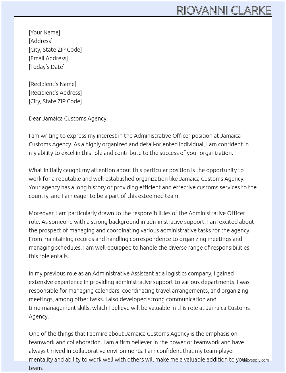 Administrative Officer At Jamaica Customs Agency Cover Letter