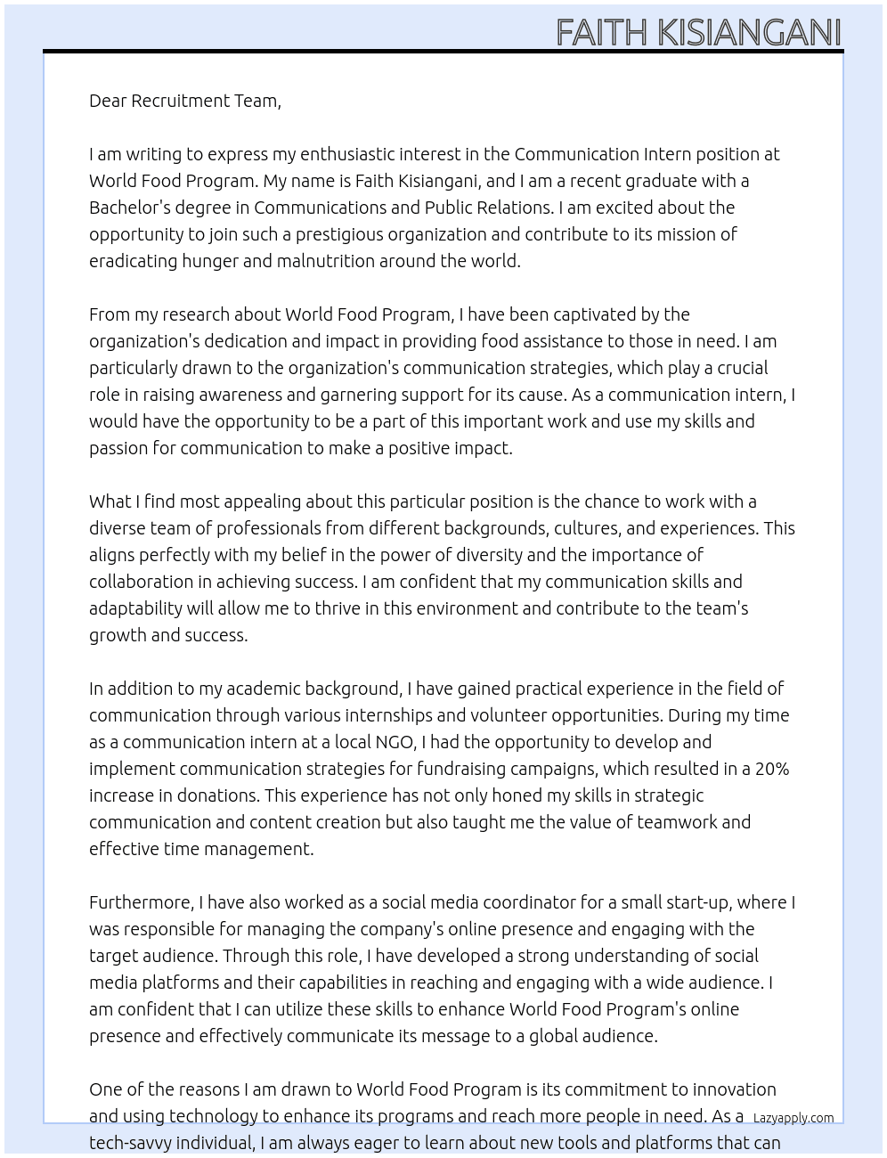 Communication Intern At World Food Program Cover Letter