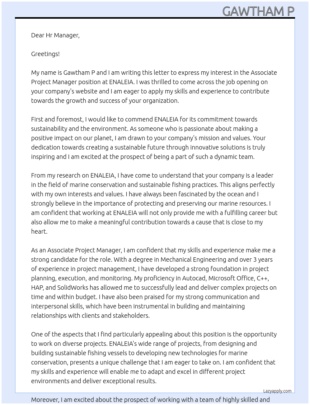 Associate Project Manager  At ENALEIA Cover Letter