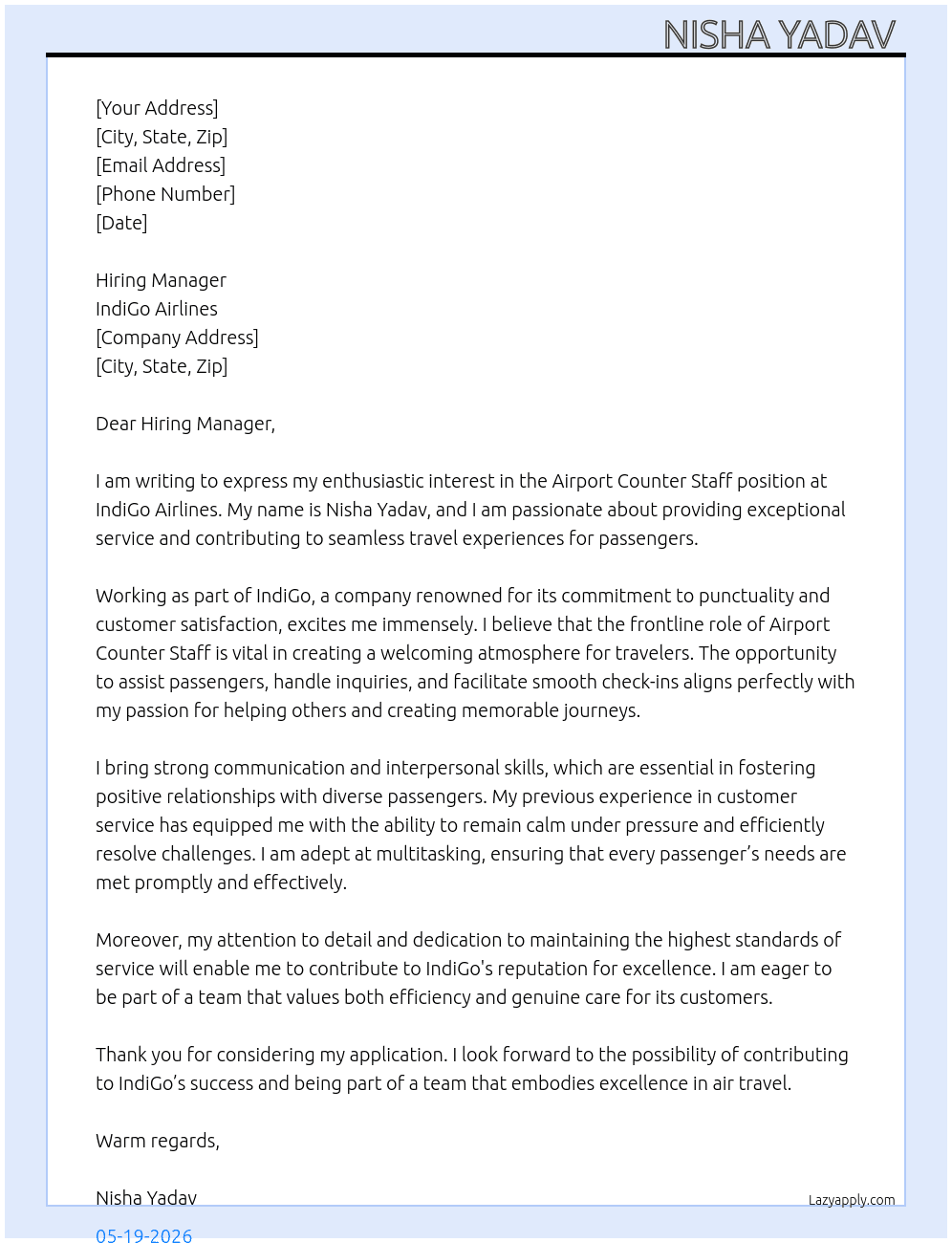 Airpot counter staff At Indigo airline Cover Letter