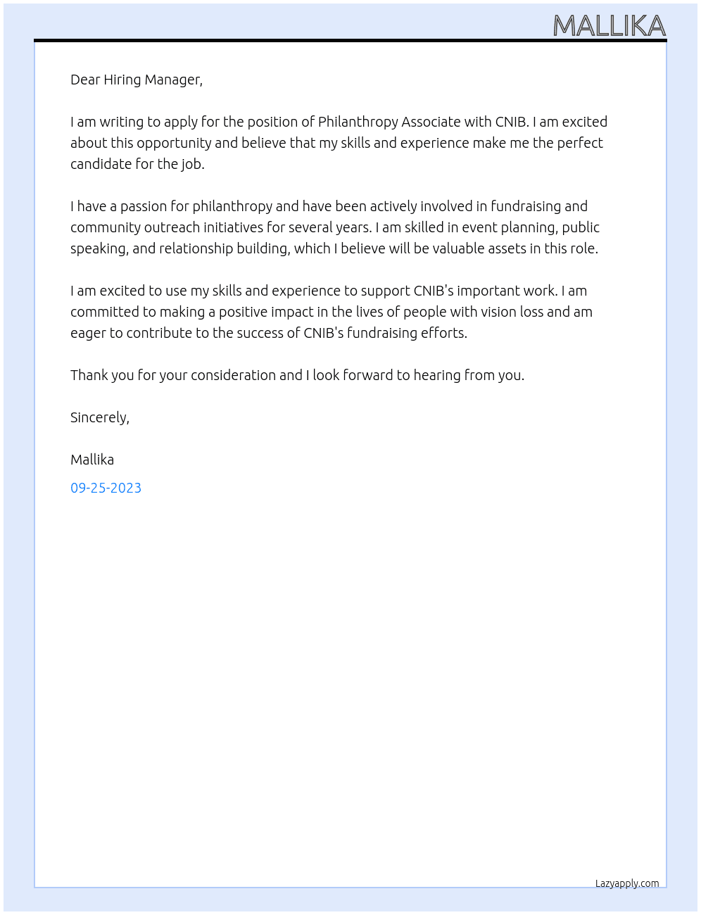 Philanthropy Associate At CNIB Cover Letter