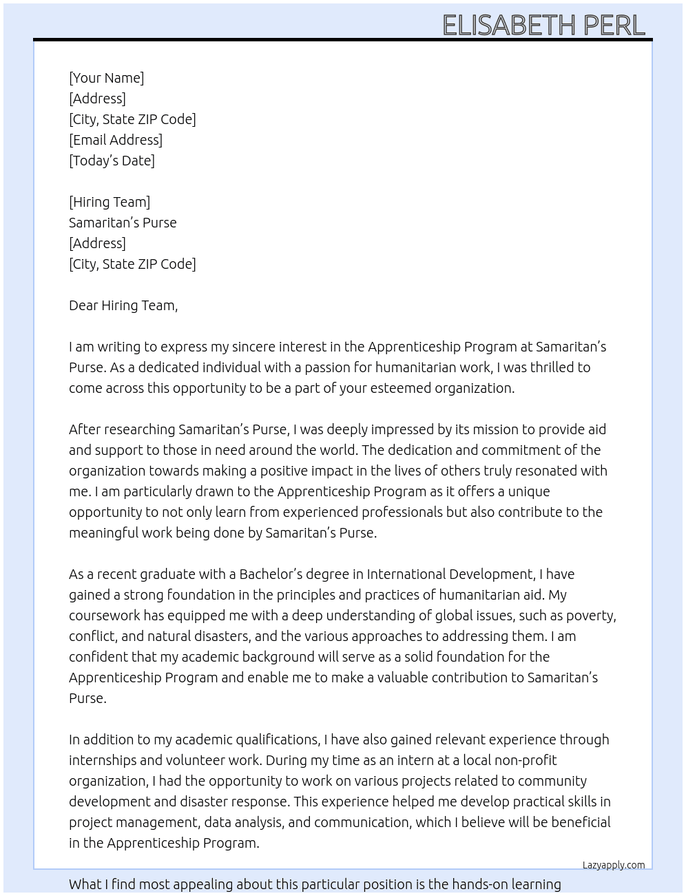 Apprenticeship Program At Samaritan's Purse  Cover Letter