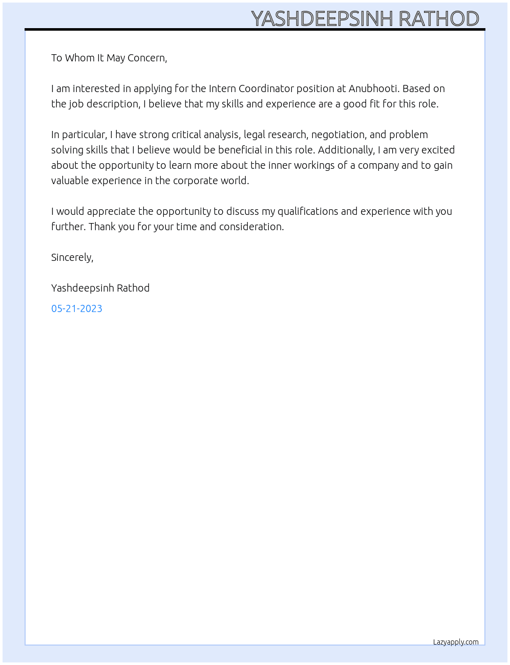 intern At Anubhooti Cover Letter