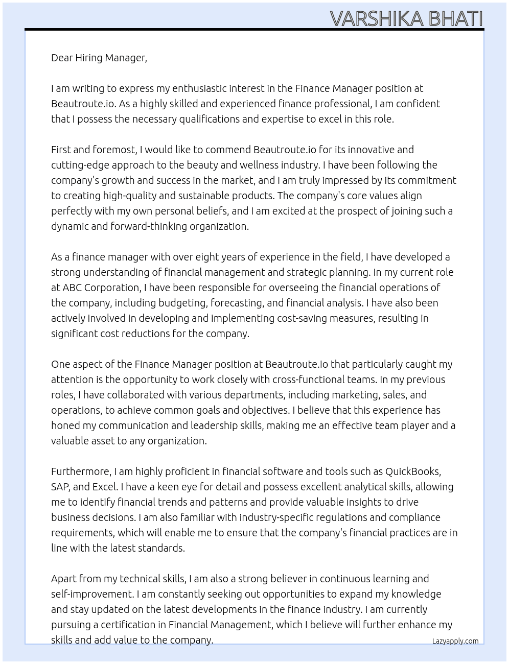 Cover letter for finanace manager - LazyApply
