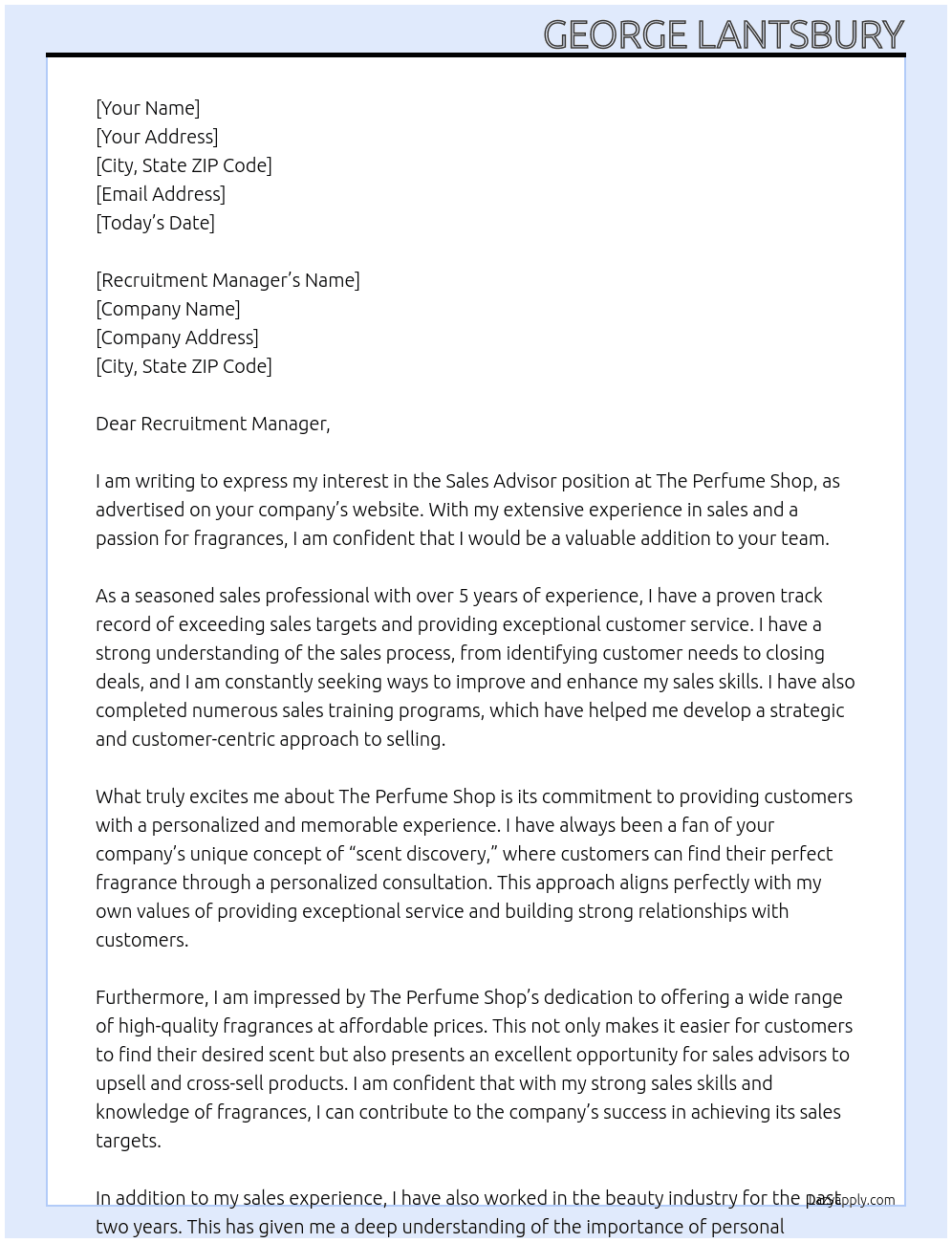 Sales Advisor At The Perfume Shop Cover Letter