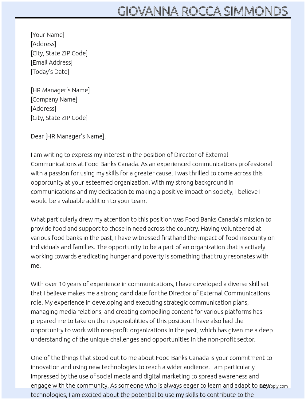 Director of External Communications At Food Banks Canada Cover Letter