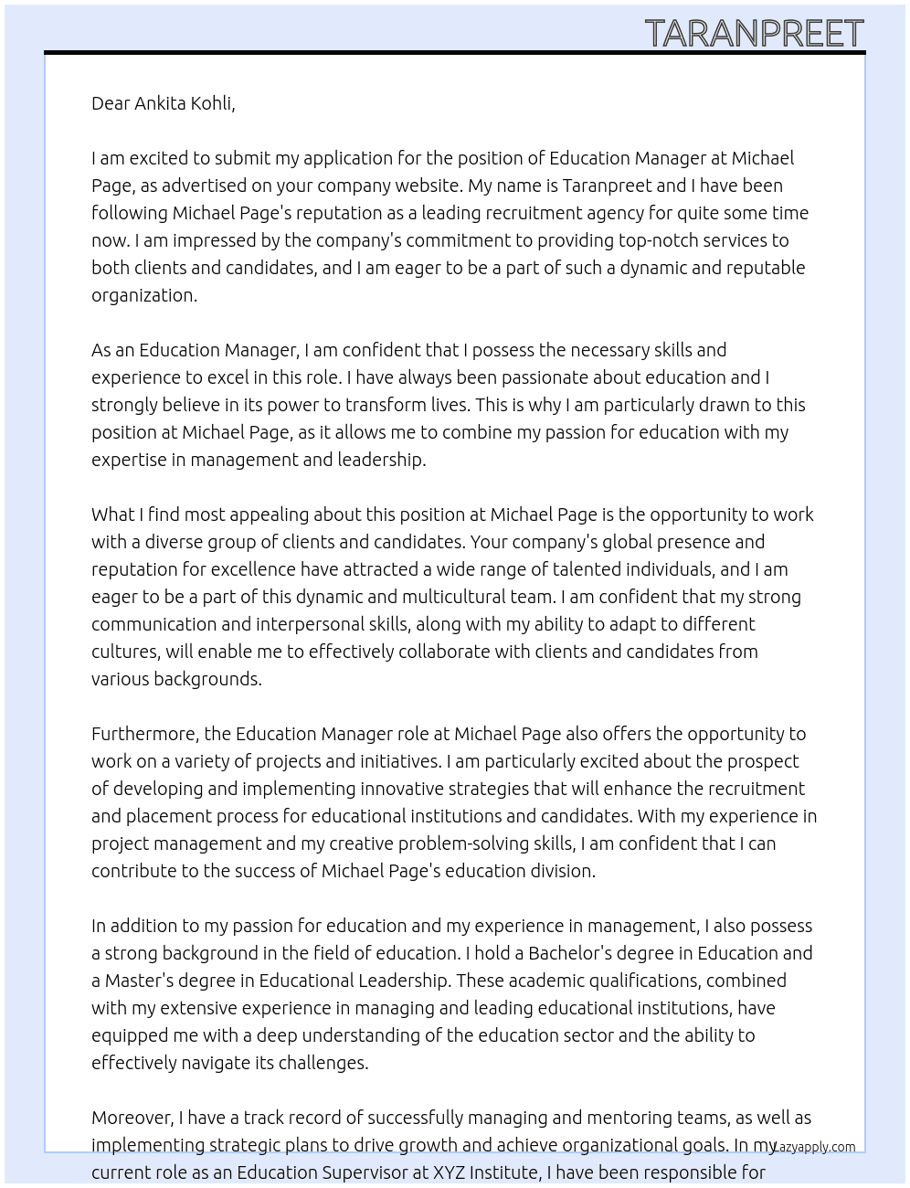education manager At Michael Page Cover Letter