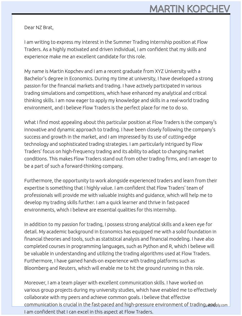 Summer Trading Internship At Flow Traders Cover Letter