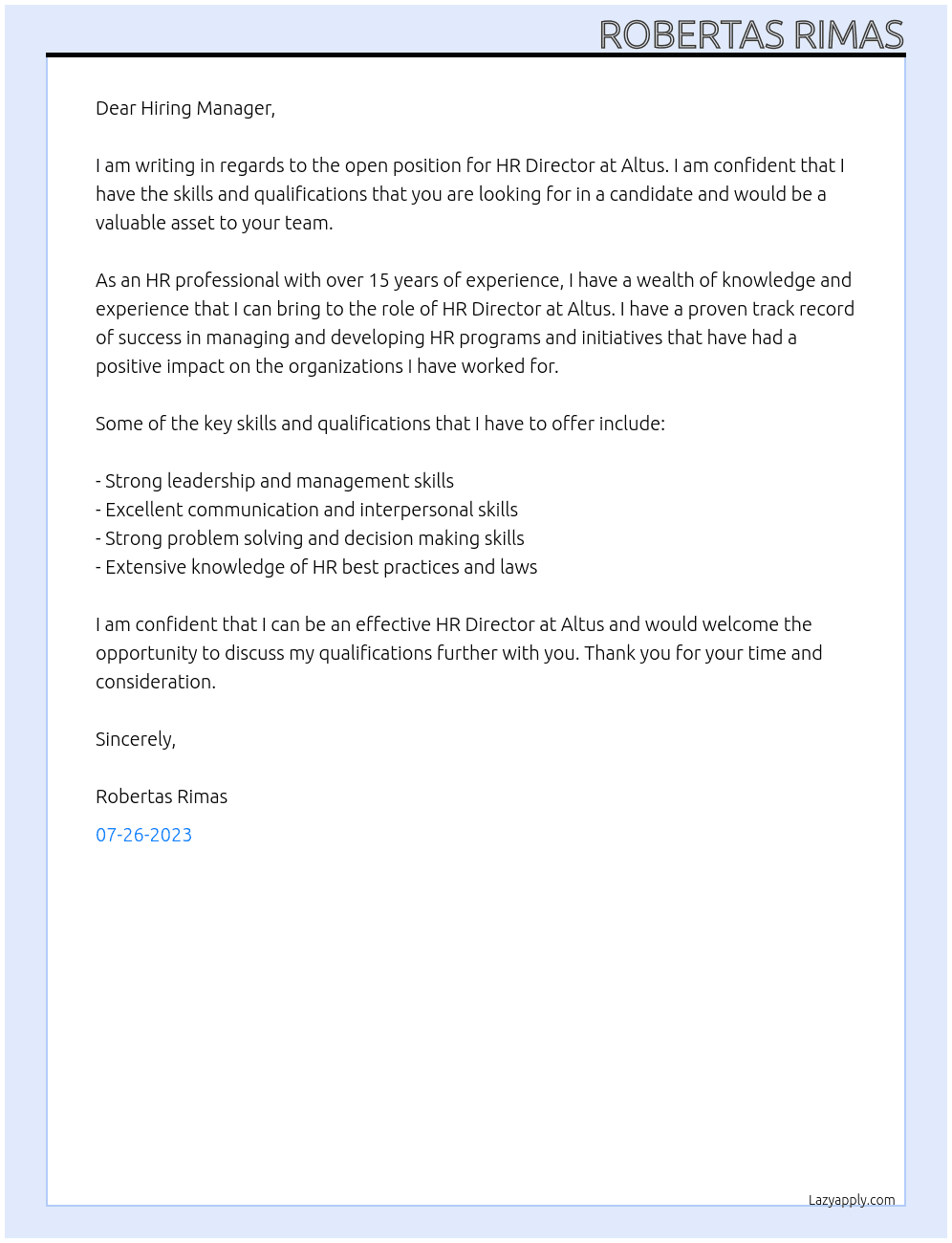 Hr director At Altus  Cover Letter