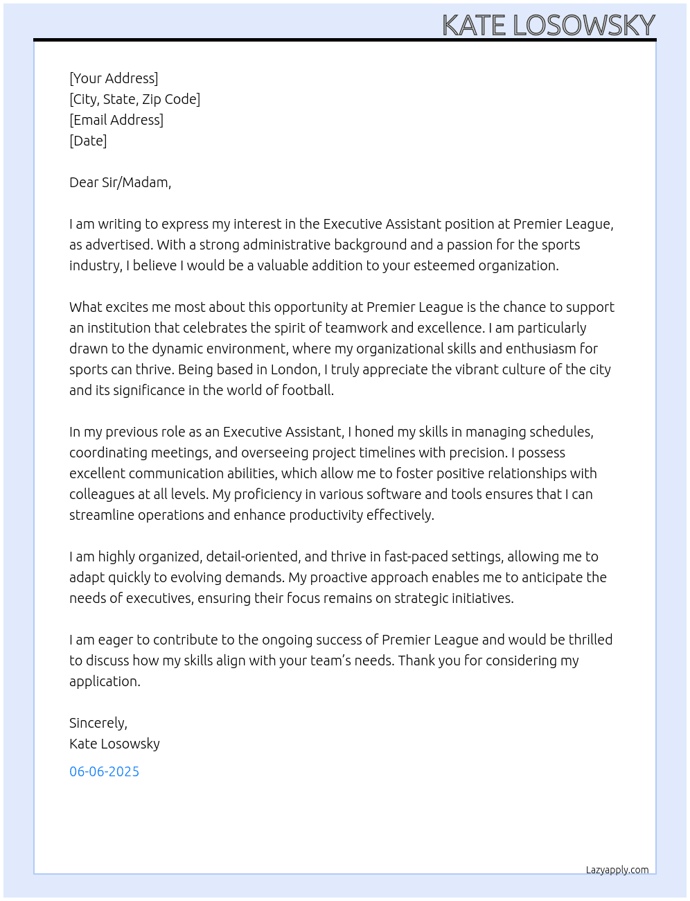 Executive Assistant At Premier League Cover Letter