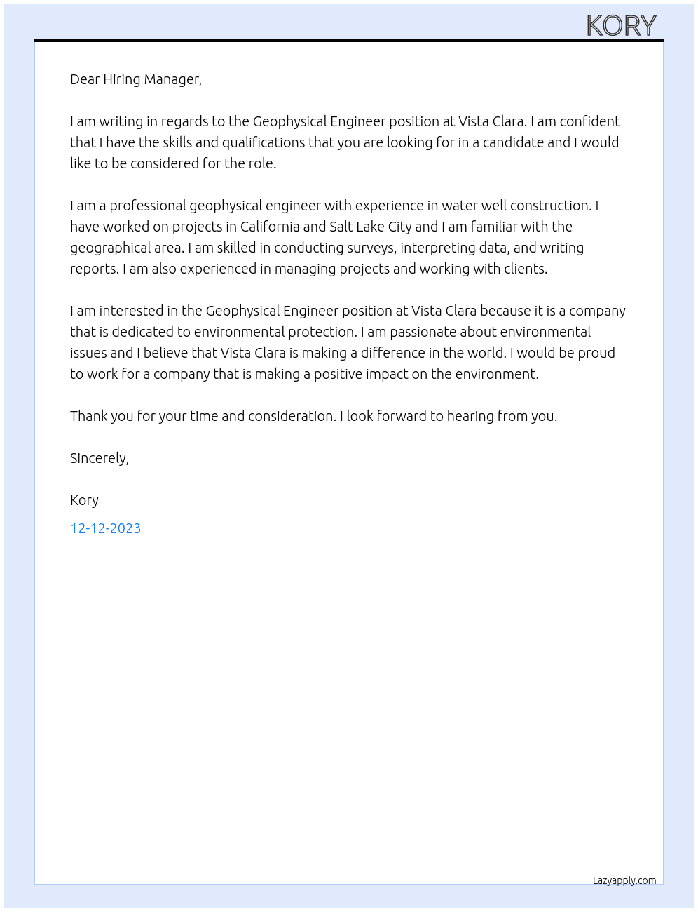 Geophysical Engineer At Vista Clara Cover Letter