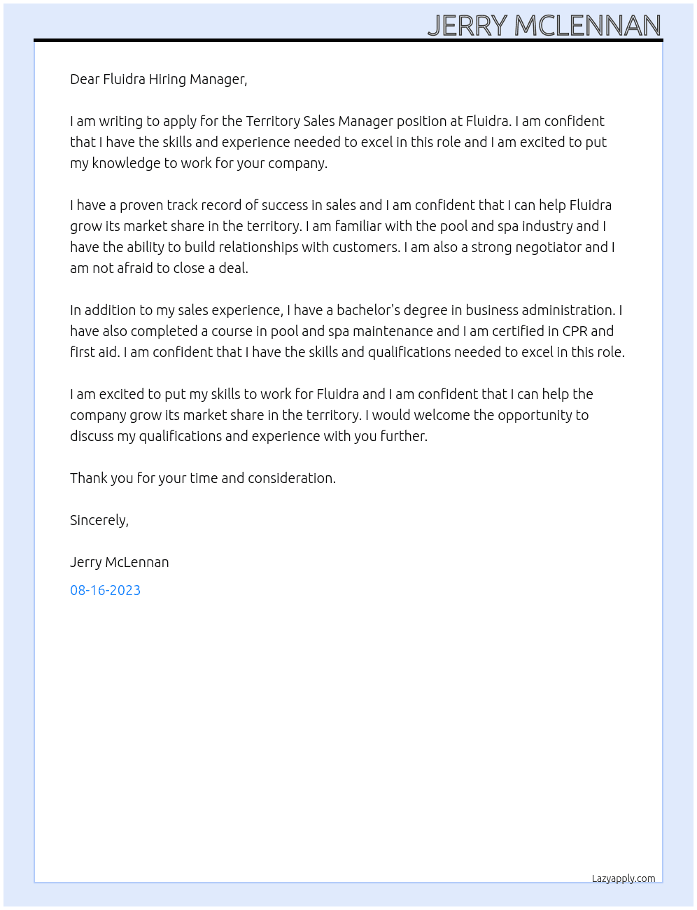 Territory Sales Manager At Fluidra Cover Letter