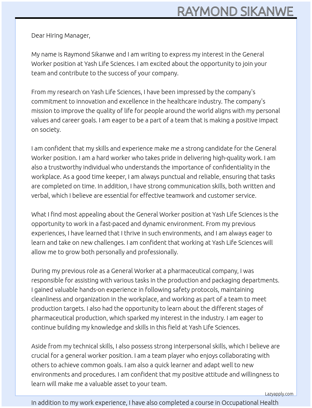 General worker  At Yash life sciences Cover Letter