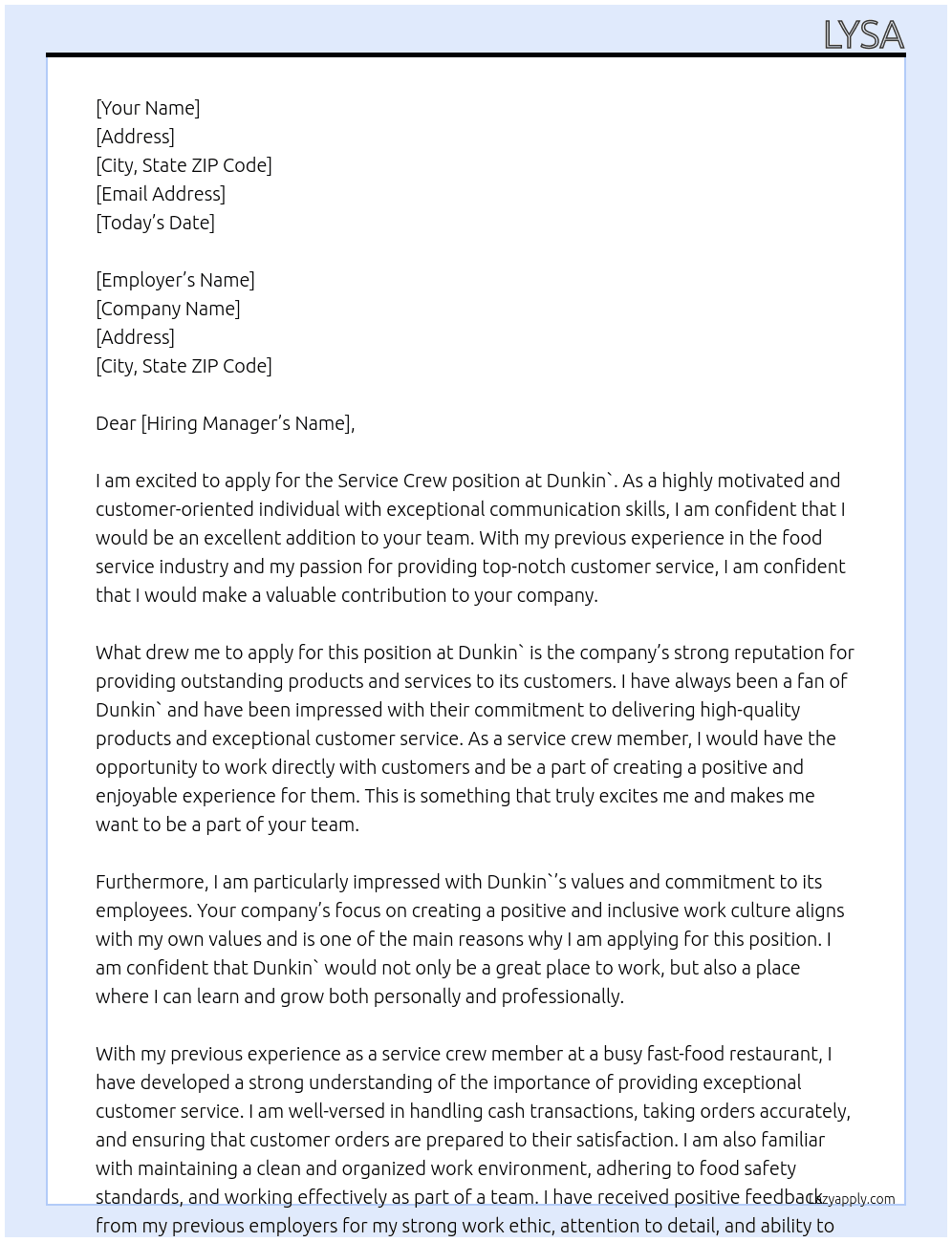 Service crew At Dunkin` Cover Letter