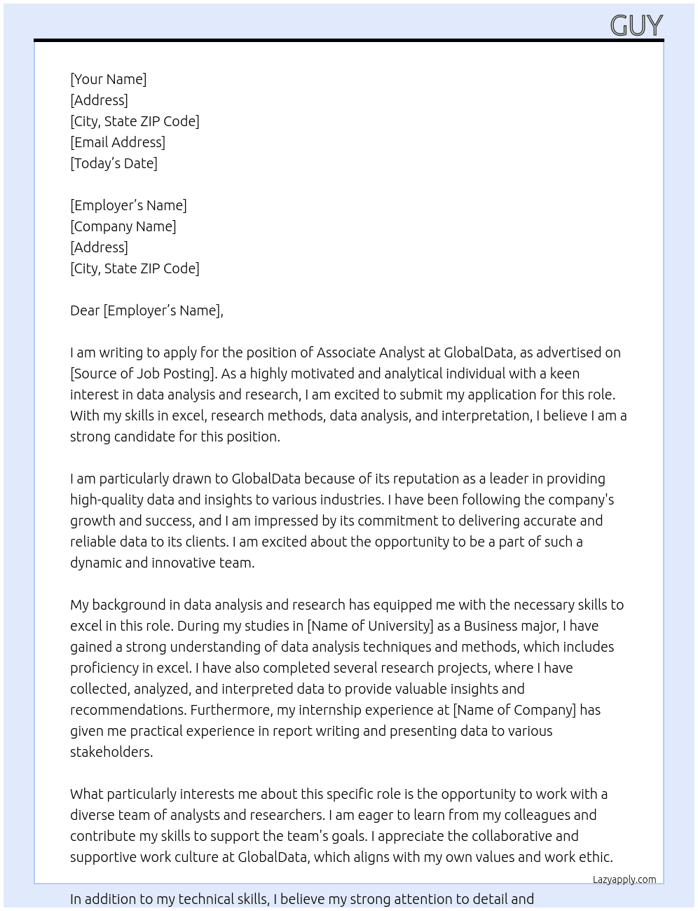 Associate Analyst At GlobalData Cover Letter