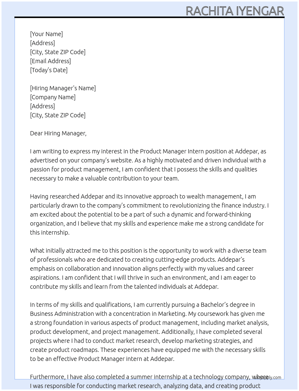 Product Manager intern At Addepar Cover Letter