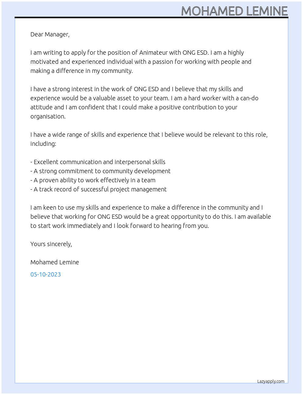 Animateur At ONG ESD Cover Letter