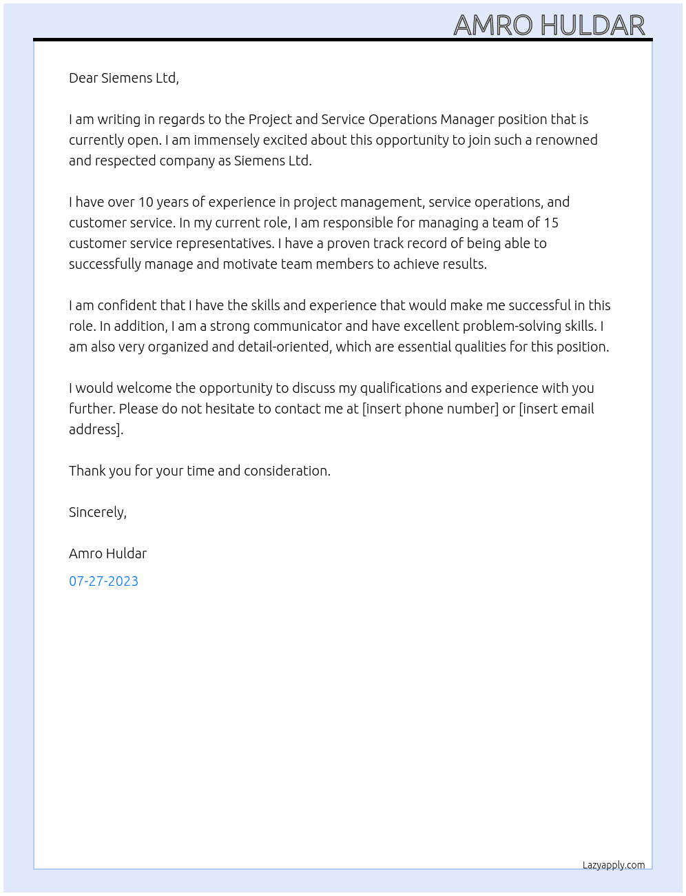 Project and Service Operations Manager At Siemens Ltd Cover Letter