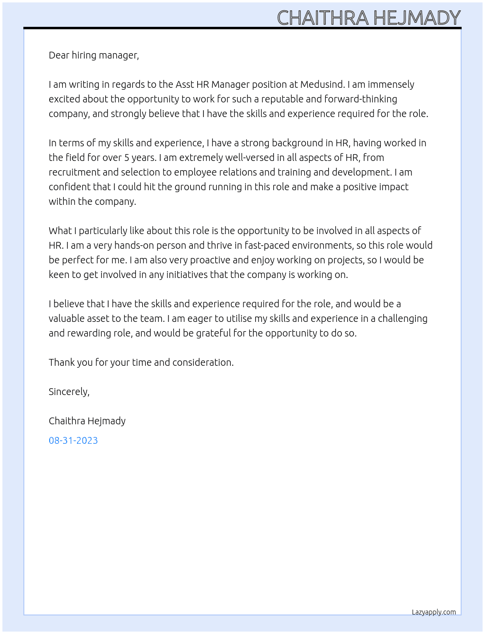 Asst HR Manager At Medusind Cover Letter