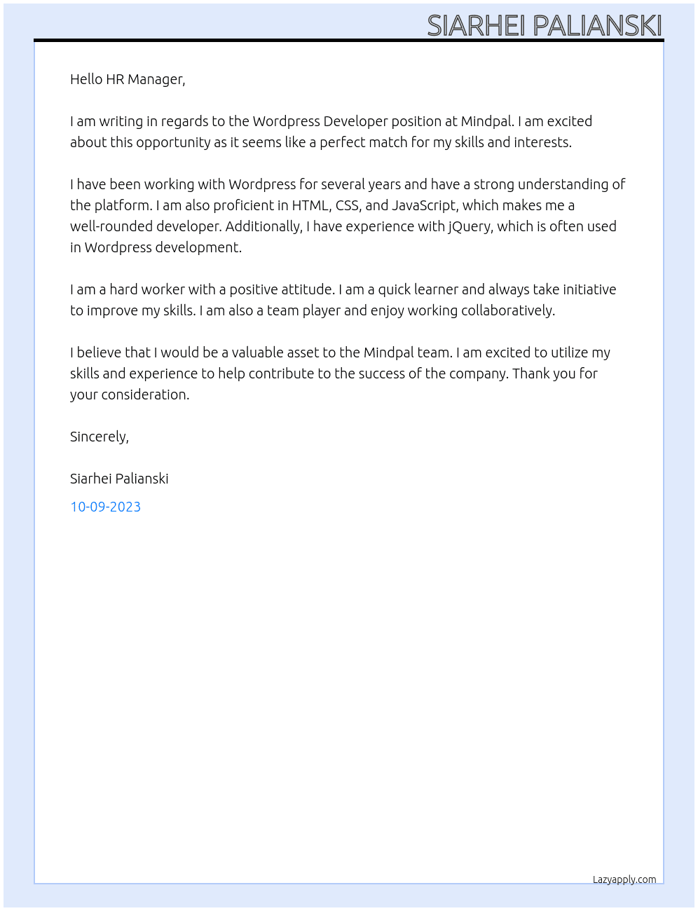 Wordpress Developer At Mindpal Cover Letter